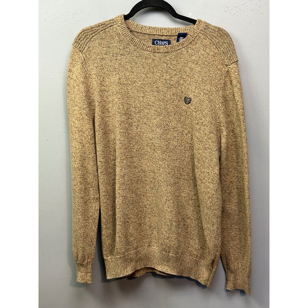 Chaps Mens Crewneck Sweater Tan Marled Knit Logo Size M